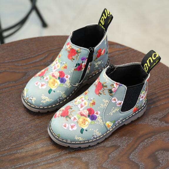 Print Flowers Children Boots Autumn Winter Boys Girls shoes PU Leather